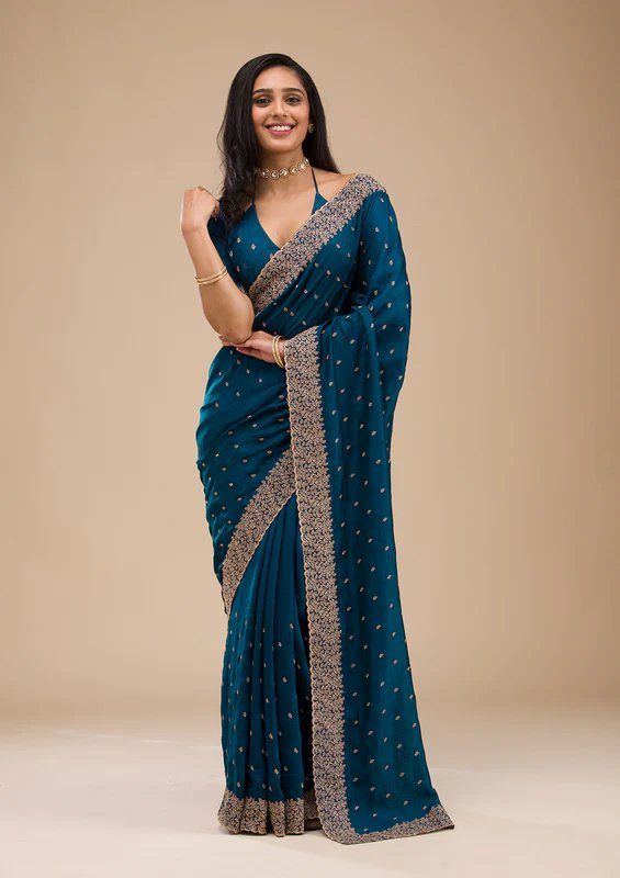 Navy Blue Soft Raw Silk Gold Zariwork Saree With Matching Blouse Piece