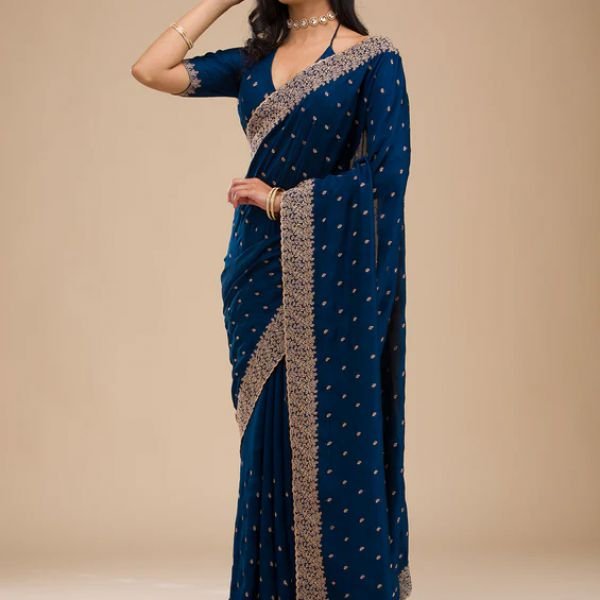 Navy Blue Soft Raw Silk Gold Zariwork Saree With Matching Blouse Piece View 4