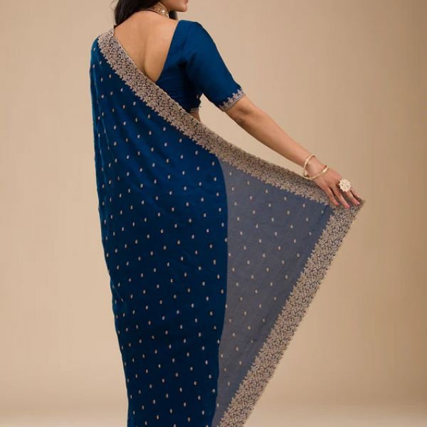 Navy Blue Soft Raw Silk Gold Zariwork Saree With Matching Blouse Piece View 2