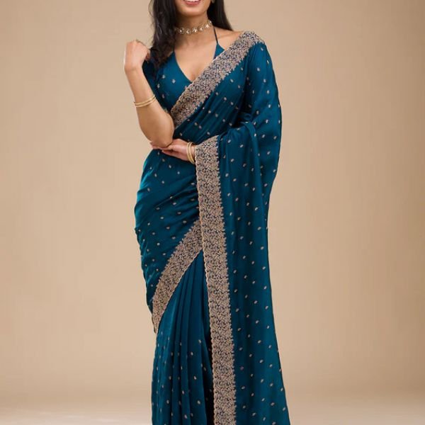 Navy Blue Soft Raw Silk Gold Zariwork Saree With Matching Blouse Piece